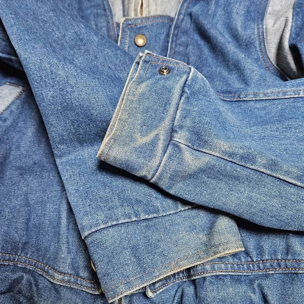 Vintage 80's 90's Denim Patchwork Distressed Bomber Jacket Large - Picture 6 of 11
